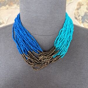 2-Tone Blue and Brass Seed Beaded Multi-strand Necklace - Beachy - Boho - Wester